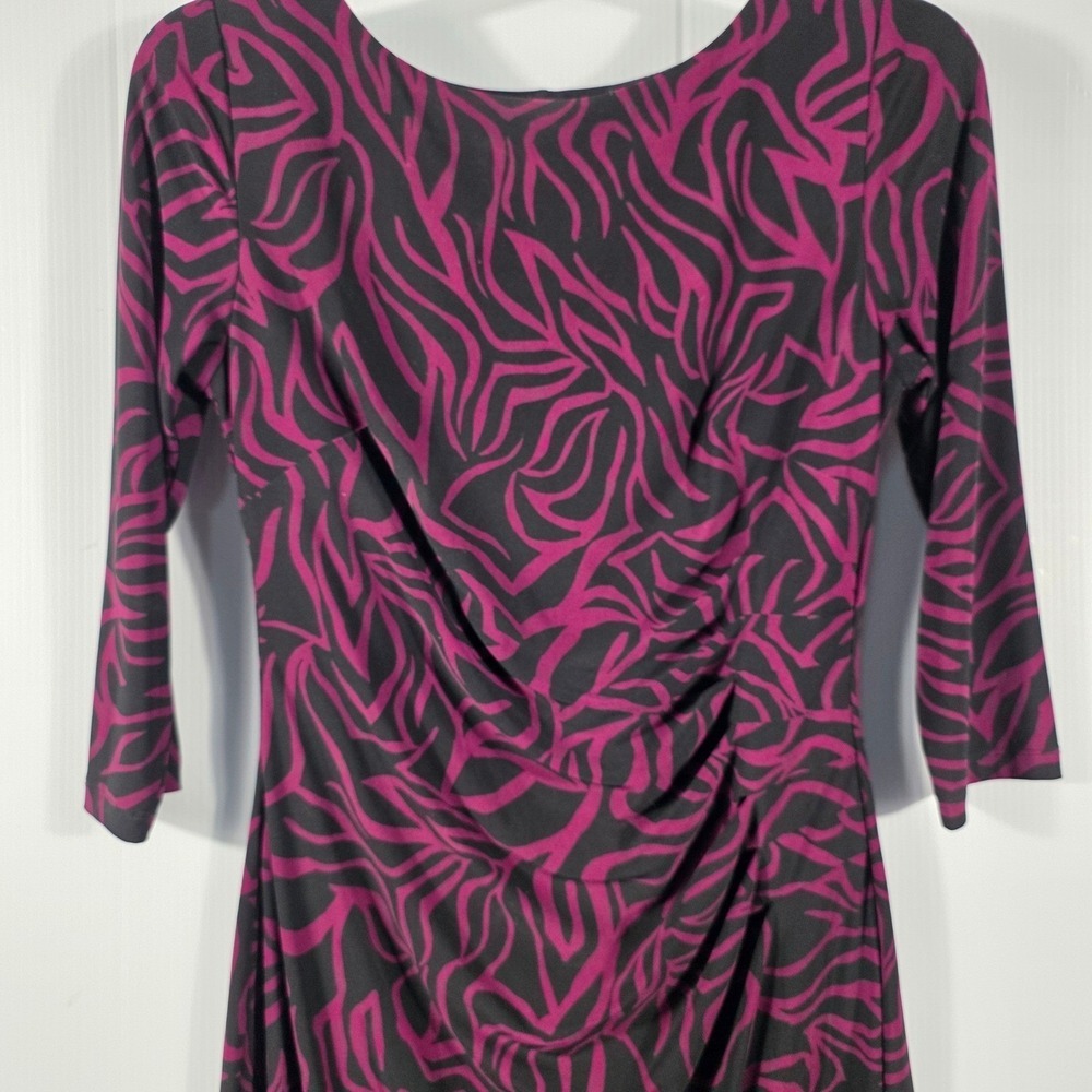 Anne Klein Purple Black Abstract Zebra Ruched Sheath Dress 3/4 Sleeve Size 10